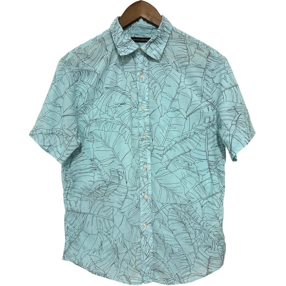 Banana Republic Mens M Slim Fit Blue Tropical Leaf Print Cotton Shirt